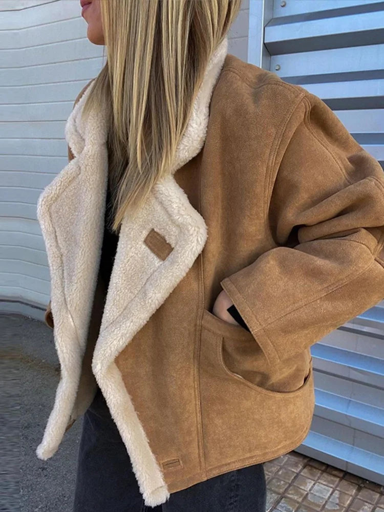 Aiertu  -  Vintage Patchwork Women Jacket Lapel Lamb Wool Pocket Lady Coat 2024 Fashion Full Sleeve Autumn Winter Warm Thicken Female Top Aiertu