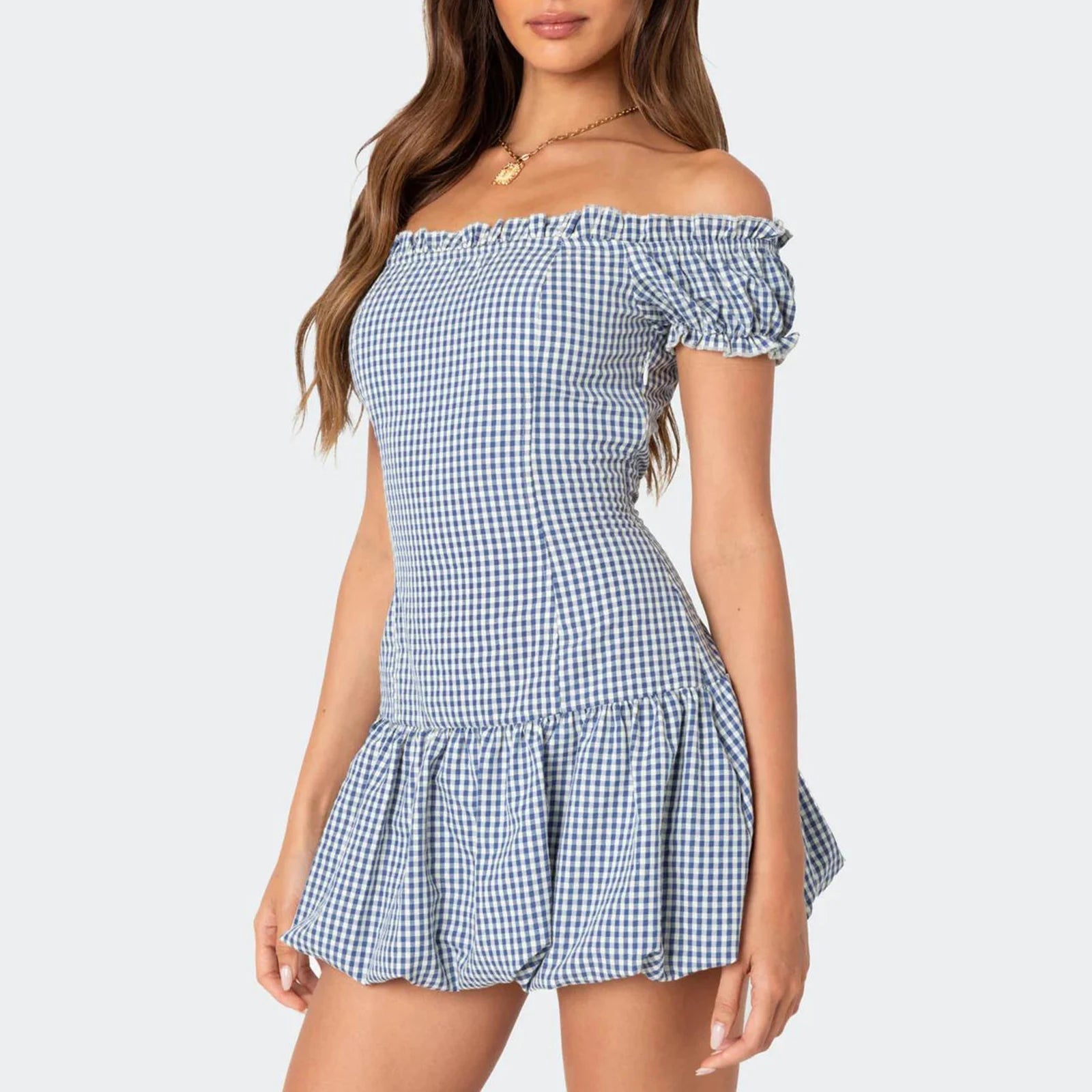 Aiertu  -  Womens Off Shoulder Mini Party Dress Trendy Plaid Puffball Short Sleeve Tube Top Dress Summer Fairy Short Dress Aiertu
