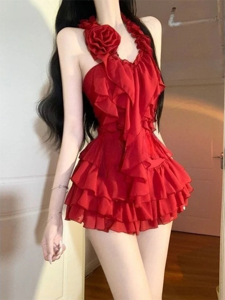 Aiertu  -  Y2k Aesthetic 2 Piece Sets Womens Outfit Halter 3D Flower Sexy Ruffled Tank Top + Grunge Ruffled Mini Skirts Summer Vintage Suit Aiertu
