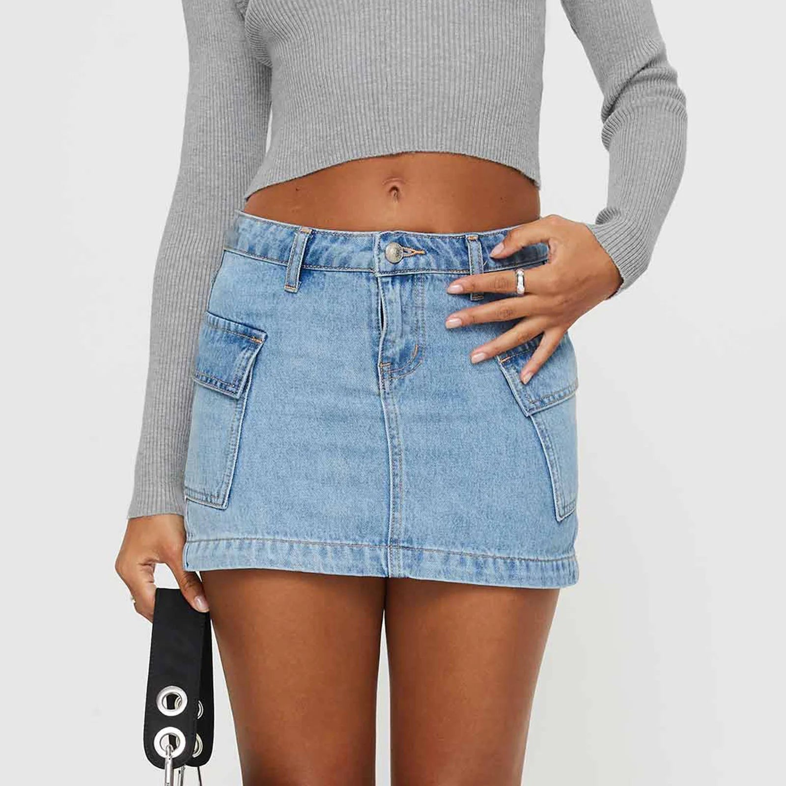 Aiertu  -  Women Denim Cargo Skirt with Pockets Y2k Low Waisted Mini Skirts Mid Rise Short Jean Skirt Vintage Streetwear Aiertu