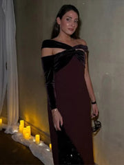 Aiertu  -  Sexy Burgundy Cross Collar Single Shoulder Sleeve Dress Elegant Slim Backless Slit Long Vestidos Lady Chic Evening Party Robes Aiertu