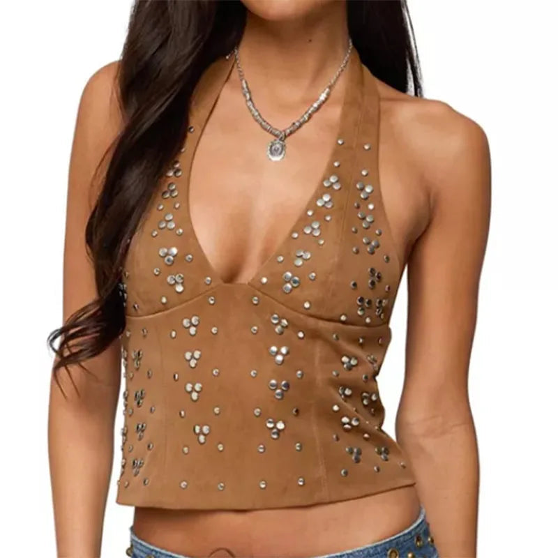 Aiertu  -  Nail Bead Faux Suede Vest Top fringed Shorts Women Set Sexy Slim Fit Halter Blouse Waistcoat Crop Tank Super Shorts Streetwear Aiertu