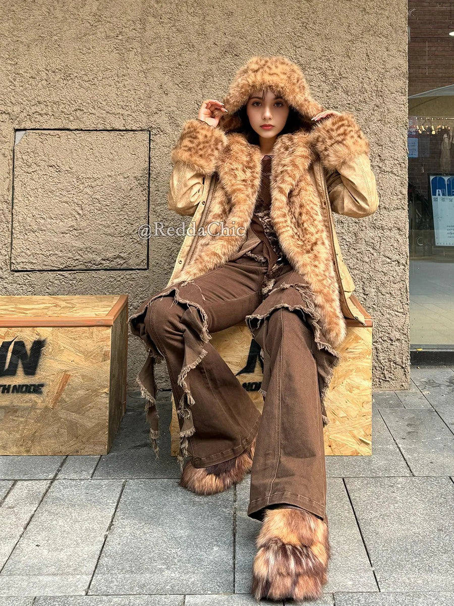 Aiertu  -  Western Punk Studded Women Flare Jeans Retro Brown Raw Edge Ruffle HemHigh Riuse Bootcut Pants Bell Bottoms Streetwear Aiertu