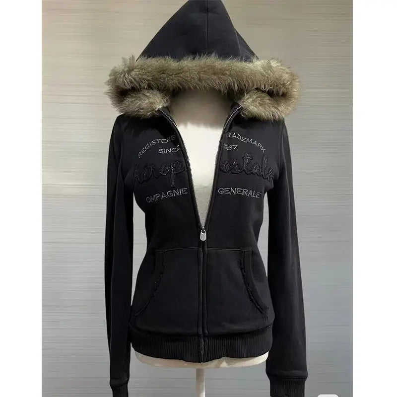 Aiertu  -  Zip Up Black Classic Style Oversizeds Fur Collar Letter Casual Hoodies New Women Vintage Dressing Up Sweatshirts Anime Cardigan Aiertu