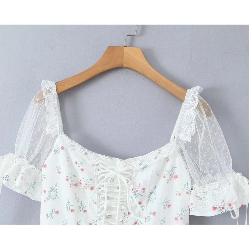Aiertu  -  Sexy Off Shoulder Floral Print Mini Dresses For Women Short Sleeve Low Waist Holiday Summer Dress Lace Up Elegant Party Robe Aiertu