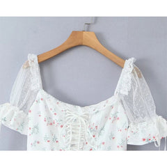 Aiertu  -  Sexy Off Shoulder Floral Print Mini Dresses For Women Short Sleeve Low Waist Holiday Summer Dress Lace Up Elegant Party Robe Aiertu