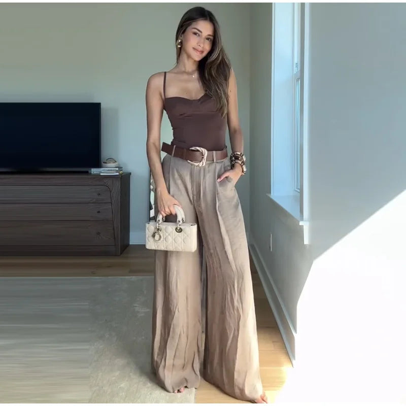 Aiertu  -  Women's Straight Pants Solid High Waist Belt Pockets Wide Leg Long Trousers Female 2025 Spring Lady Vintage High Street Wears Aiertu