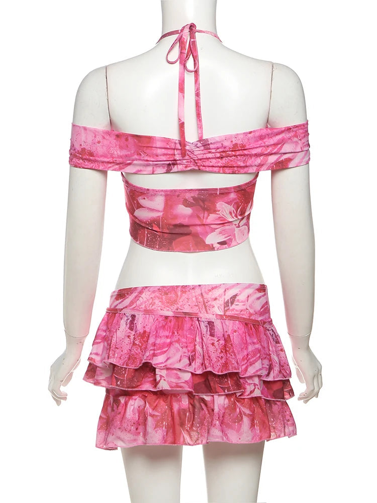 Aiertu  Sexy Tie-Dye Print 2-Piece Set Women Folds Halter Lace-Up One Shoulder Backless Tops+Tierred Mini Skirts Matching Suits Aiertu