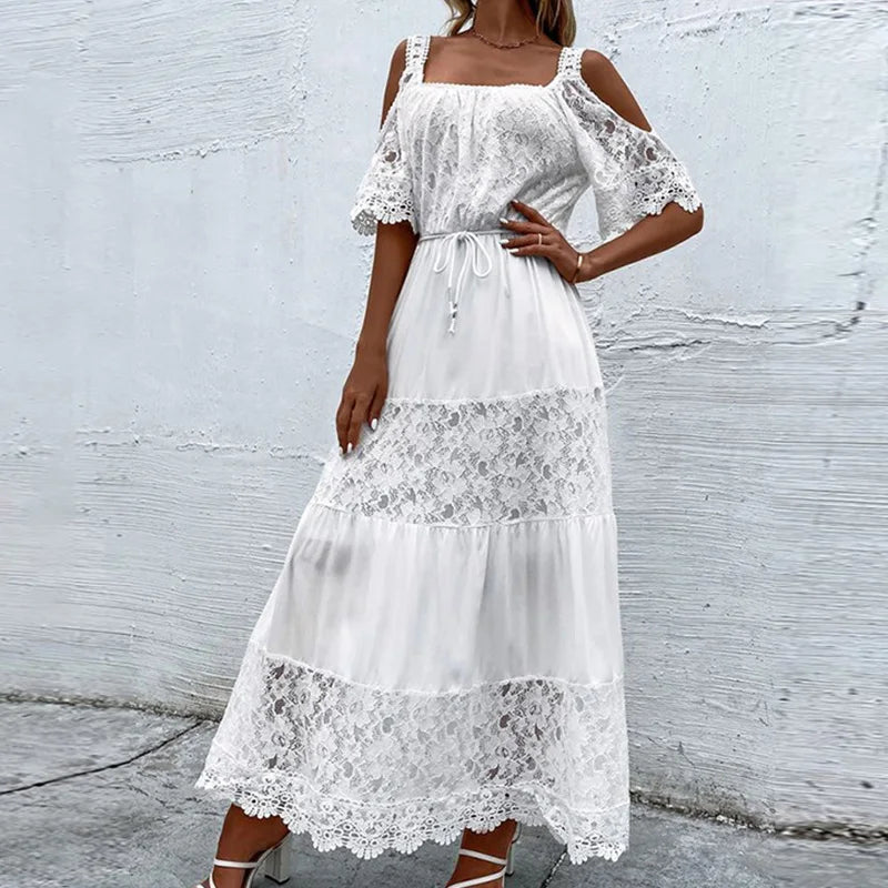 Aiertu  -  Elegant Retro White Lace Jacquard Women Dress Office Ladies Temperament Off Shoulder Maxi Dresses 2026Long Evening Party Dress Aiertu