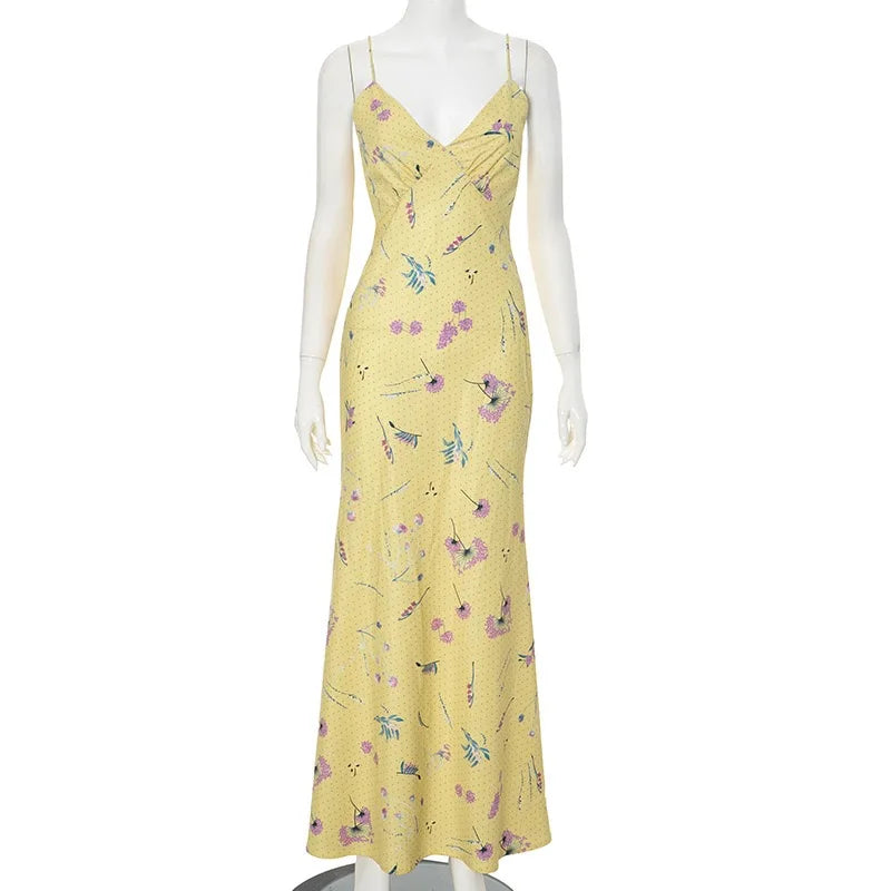 Aiertu  -  Low Cut Spaghetti Strap Sleeveless Floral Print Backless Slim Fit Maxi Dress Summer Trendsetter Streetwear Vestidos Aiertu