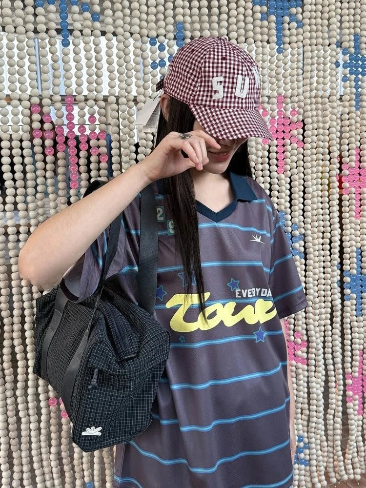 Aiertu  -  Summer All Match Streetwear Star Letter Printed Striped V-neck Jersey Loose Short Sleeved T-shirt Cool Y2k Top Graphic T Shirts Aiertu