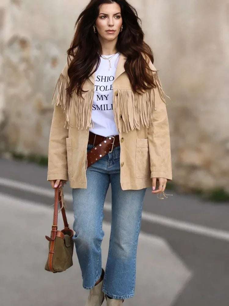 Aiertu  -  Fashion Tassel Patchwork Single-breasted Jacket Women Casual Lapel With Pockets Long Sleeve Coats Autumn New Lady Chic Outerwear Aiertu