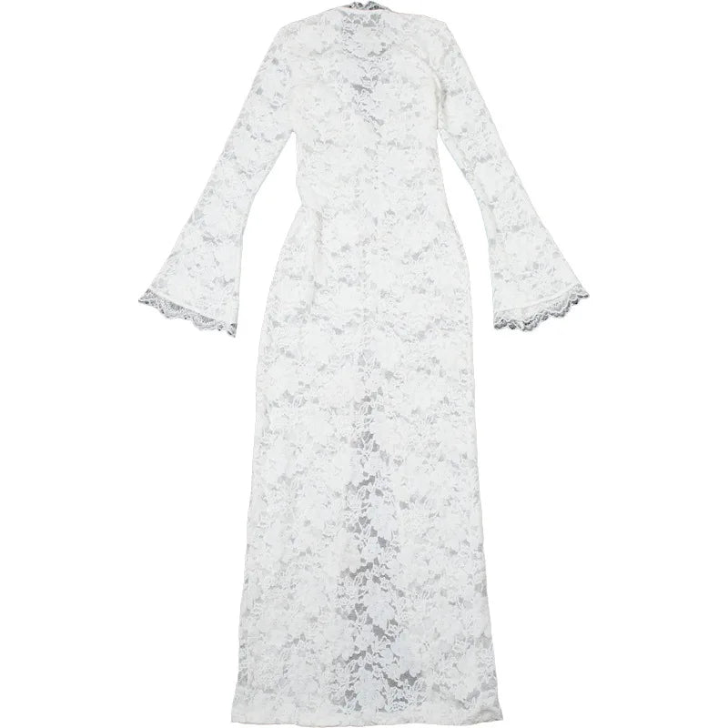 Aiertu  -  Lace Deep V-Neck Embroidery Ruffles Dress Women Sexy Slits See Through Solid Tassel Petal Cuffs Street Elegance Vestidos Aiertu
