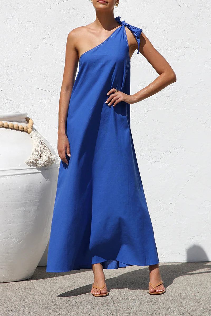 Aiertu  -Casual Solid Color Lace Up Sloping Shoulder Irregular Dresses aiertu