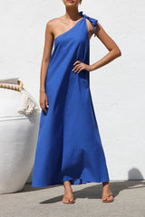 Aiertu  -Casual Solid Color Lace Up Sloping Shoulder Irregular Dresses aiertu
