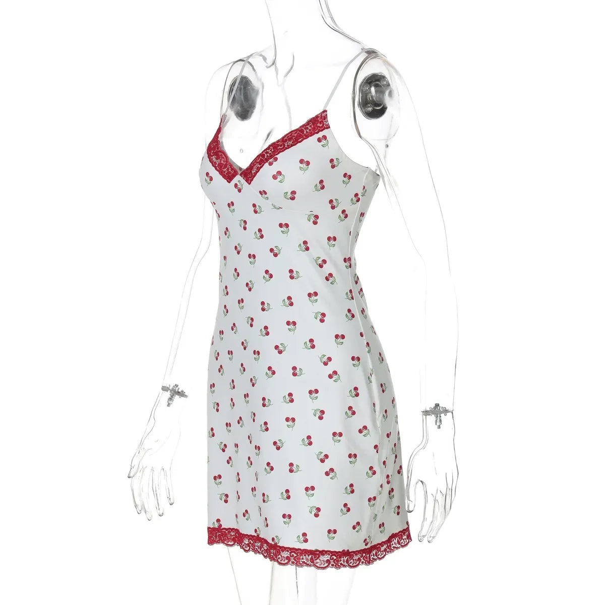 Aiertu  -  Y2K Cherry Printed Lace Patchwork Short Dresses for Women Casual Sexy V-neck Sleeveless Backless Slim Beach Vacation Dress White Aiertu