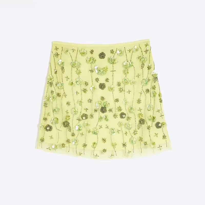 Aiertu  -  Squins Flower Bead Mini Skirt Women Straight Wide Leg High Waist Fashion Skirts A-line Lined Green Party 2025 Summer Lady Robe Aiertu