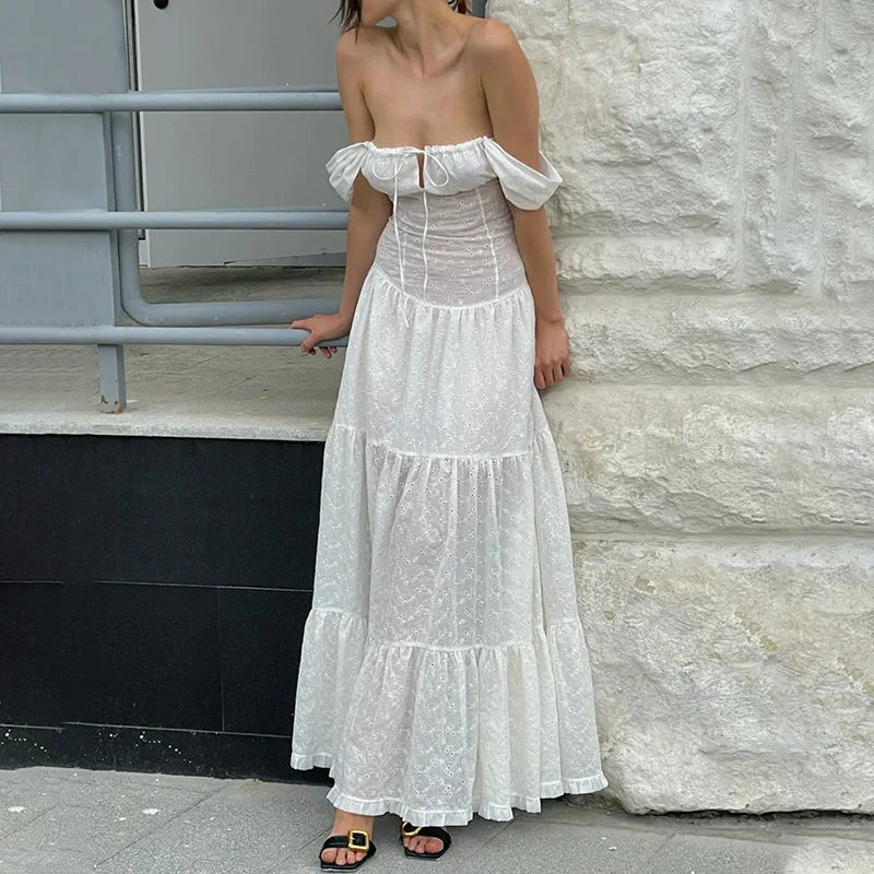 Aiertu  -  Summer New White Lace Patchwork Maxi Dress for Women Sexy Square Collar Sleeveless Holidays Party Dressers Club Outfits 2025 Aiertu