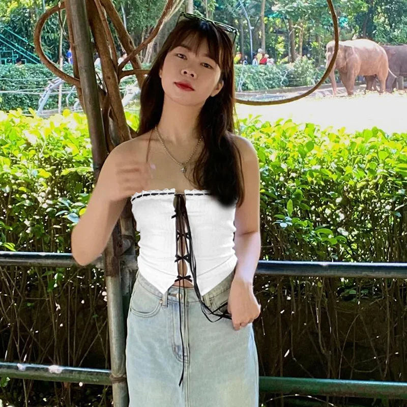 Aiertu  -  Pure desire wind contrasting color tube top hollow strap strap sleeveless tube top women's spring and summer Aiertu