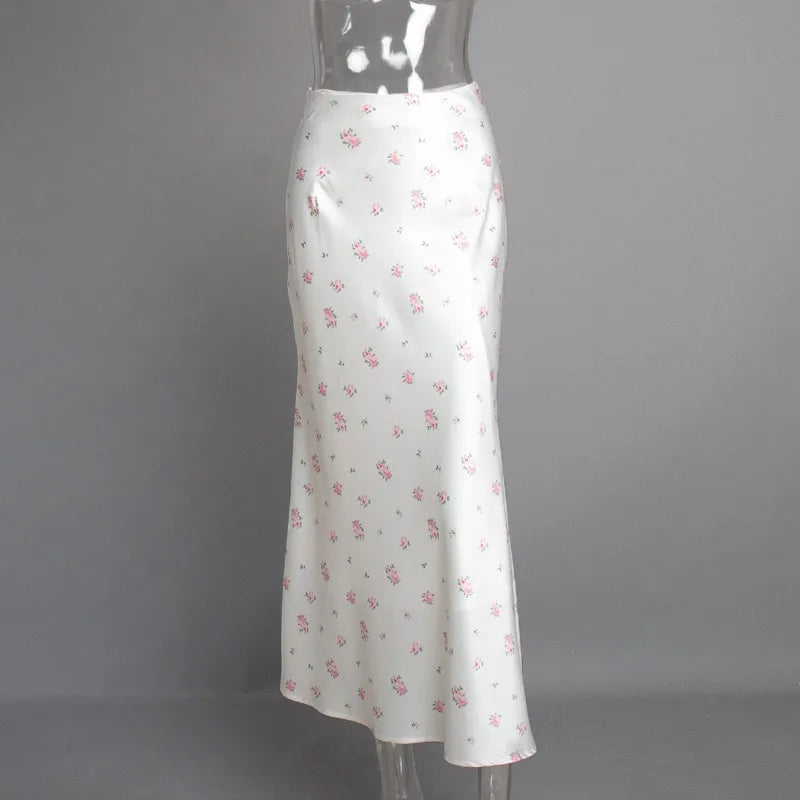 Aiertu  -  Flower Print Skirt Female 2025 New High Waist Slim Long Skirts Street Casual Vacation Fashion Elegant Satin Skirt Women Aiertu