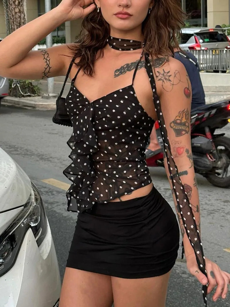 Aiertu  -  2026 Summer Bandage Halter Neck Ruffles Camisoles Black Streetwear Woman Clothing Corset Dot Printed Backless Lace-up Crop Tops Aiertu