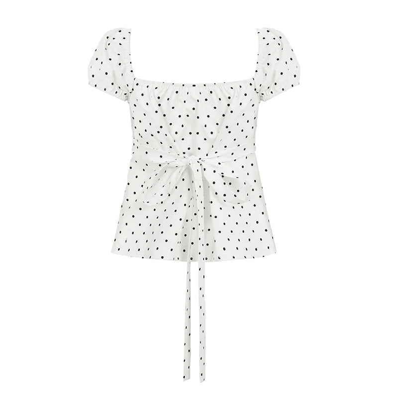 Aiertu  -  Simple Polka Dot Print Square Neck Women T-Shirts Slim Fit Ruffles Fashion Sweet Casual Design Blouses Aiertu