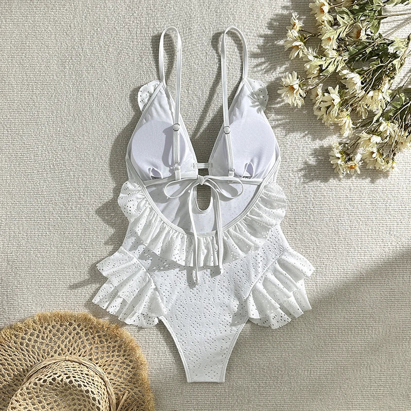 Aiertu  -  Summer New White Body Suit One Piece Swimsuit Bikini For Women Sexy Deep V-Neck Backless Lace Patchwork Bodycon Outfits Aiertu