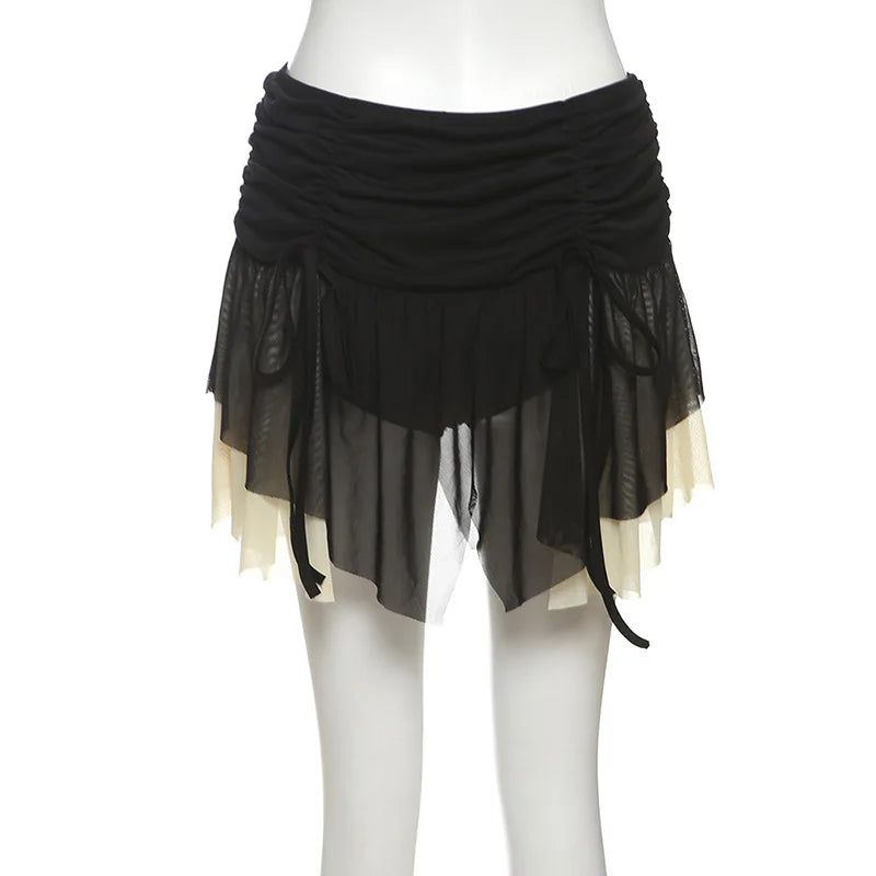 Aiertu  -  Summer 2 Piece Set for Woman Sexy Outfits Black Mesh Sheer Corset Top and Drawstring Pleated Mini Skirt Sets P94-EH32 Aiertu