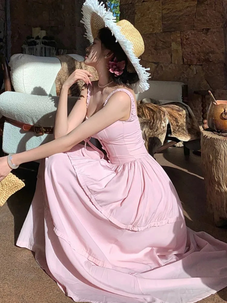 Aiertu  -  French Pink Womens Dresses Elegant Sweet Square Collar Sleeveless Lace-up Casual Vestidos Holiday Birthday Party Midi Dress New Aiertu