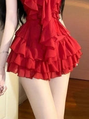 Aiertu  -  Y2k Aesthetic 2 Piece Sets Womens Outfit Halter 3D Flower Sexy Ruffled Tank Top + Grunge Ruffled Mini Skirts Summer Vintage Suit Aiertu