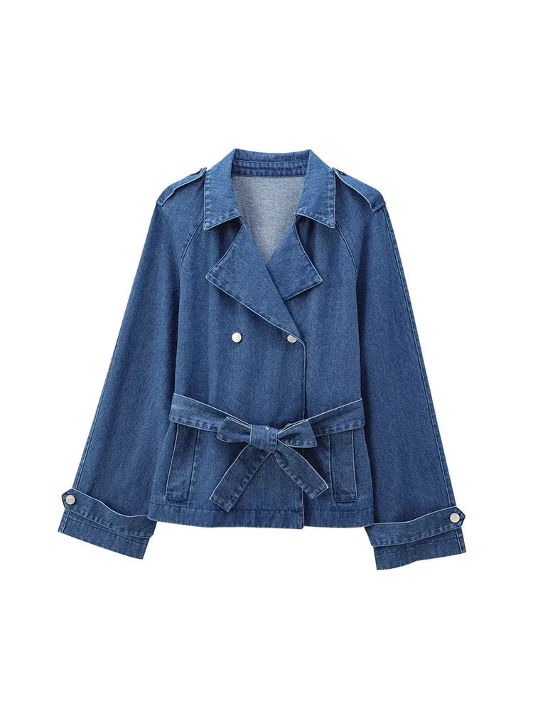 Aiertu  Women Fashion With Belt Denim Solid Double Breasted Jackets Vintage Lapel Neck Long Sleeves Female Chic Lady Outfits Aiertu