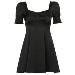 Aiertu - Retro Square Neck Black Bow Puff Sleeve Dress Aiertu