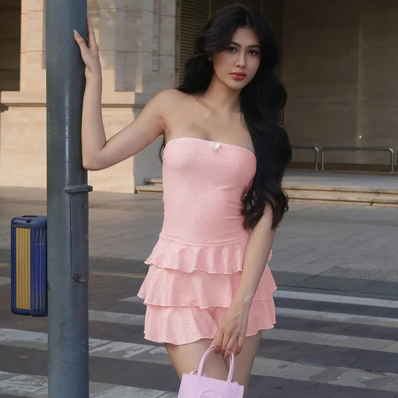 Aiertu  -  Strpless Frill Tank Dress For Women Y2k Cute Ribbed Knit Slim Solid Vest Mini Dress Ruffled Bodycon Dresses Summer New Aiertu