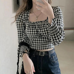 Aiertu Vintage Plaid Blouses Women Korean White Folds Square Collar Shirts Office Lady Elegant Bandage Puff Sleeve Slim Crop Tops Aiertu