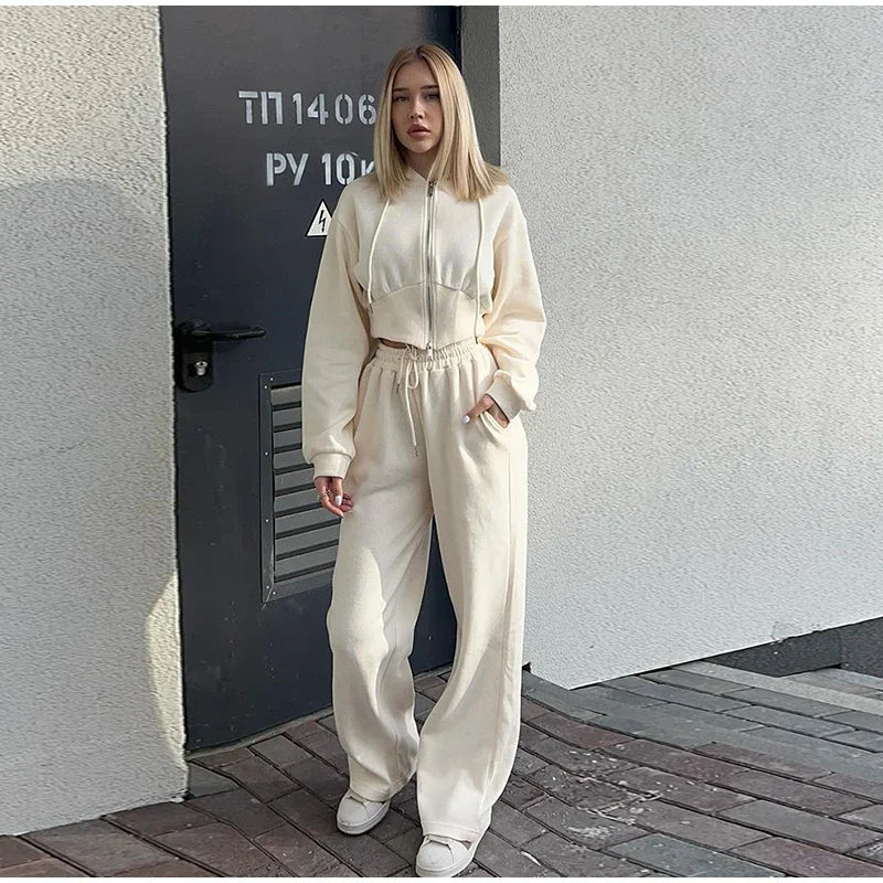 Aiertu  -  Casual Solid Hoodies Pants Set Women Long Sleeve Zipper Short Sweatshirt Loose Drawstring Trouser 2026 Autumn New Lady Tracksuit Aiertu