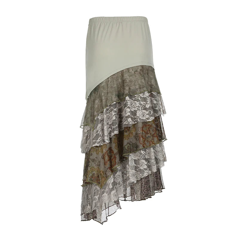 Aiertu  -   cold weather outfits Y2K Aesthetic Lace Tiered Irregular Long Skirt Women Stylish Outfits Mori Girl Style Asymmetric Skirt Vintage Lady Aiertu