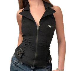Aiertu  -  women's tooling style punk street waist design slim-fit halter lapel zipper neck vest Aiertu