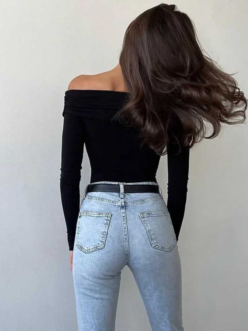 Aiertu  -  Elegant 2026 Autumn Woman Clothing One Piece Bodysuit Top Streetwear Fashion Girls Off Shoulder V-neck Long Sleeve Folds T-shirt Aiertu