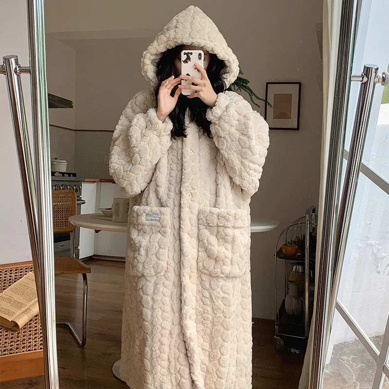 Aiertu  -  New Cute Womens Plush Soft Robe Fluffy Long Warm Fleece Bathrobe Winter Girls Sweet Fleece Robe Sleepwear Plush Thick Nightgown Aiertu