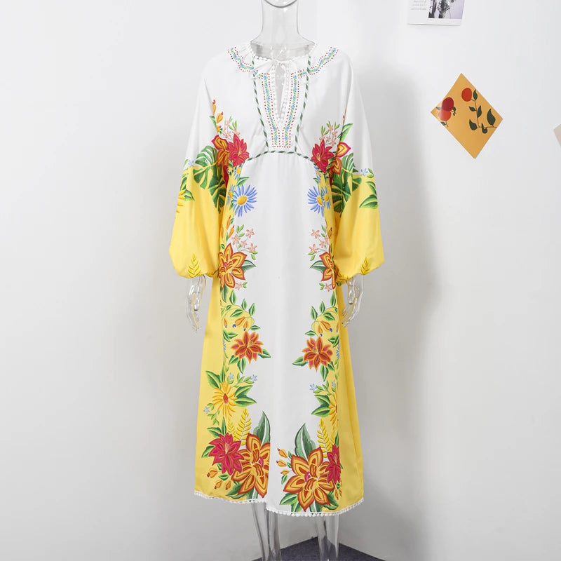 Aiertu  -  Print Linen Dress Women Elegant Loose Lace Up V Neck Vintage Vestidos Female Summer Long Sleeves Fashion High Waist Robe Aiertu