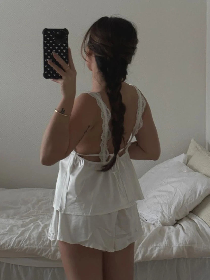 Aiertu  Lace Home Clothes Women Sexy V-Neck Sleepwear Tank Tops Nightgown Backless Nightie Shorts Causal Ladies Nightwear Set Aiertu
