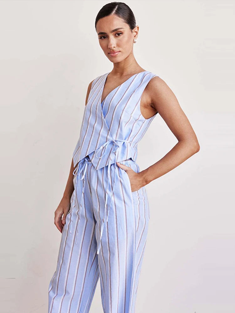 Aiertu  -  Fashion Striped Long Pants Set Lady V-neck Sleeveless Cross Lace Up Vest Top Loose Straight Trousers 2 Piece Sets Women Outfit Aiertu