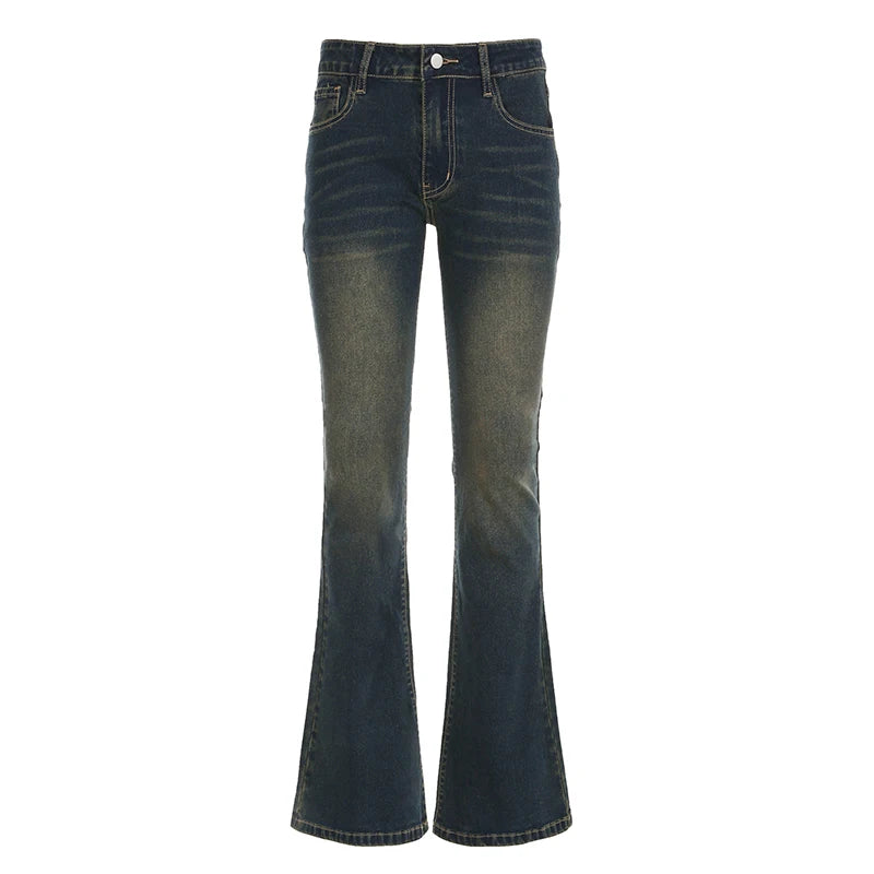 Aiertu  -   Y2K Low Waist Flare Jeans Women Retro Stylish Distressed Slim Denim Trousers High Street Korean Harajuku Pants 2000s Aiertu