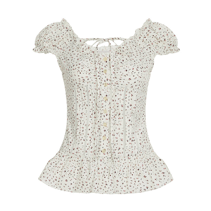 Aiertu  -  -Aiertu  -  -  Floral Print Ruched A-line Blouse French Style Single-breasted Short Sleeve Top Chic Slimming Tie-up Collar Shirts Cute Aiertu