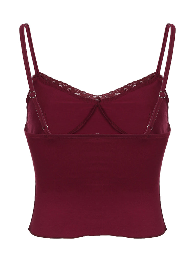Aiertu - summer inspo Christmas Red Vintage Elegant Camisole Lace Trim V Neck Tie Bow Sleeveless Slim Cute Crop Top Women Y2K Streetwear Clothes Aiertu