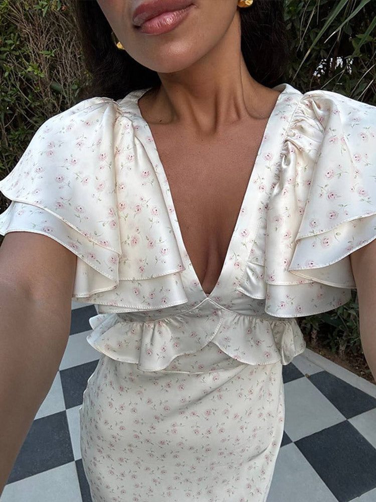 Aiertu  Elegant Floral Printed Ruffle Hem Dress Women Chic V-neck High Waist Slim Fit Long Dresses 2025 Summer Holiday Lady Vestidos Aiertu