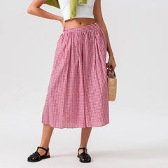Aiertu  -  Women Summer Plaid Print Capri Culottes Elastic Waistband Wide Leg Loose Side Pocket Casual Pull On Trousers Aiertu