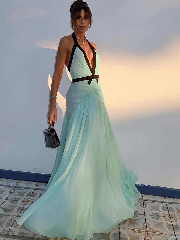Aiertu  -  Women's French Classic Maxi Dress Panelled Trim Halter Deep V-neck Backless Pleated Long Robe Lady Elegant Evening Robe Aiertu
