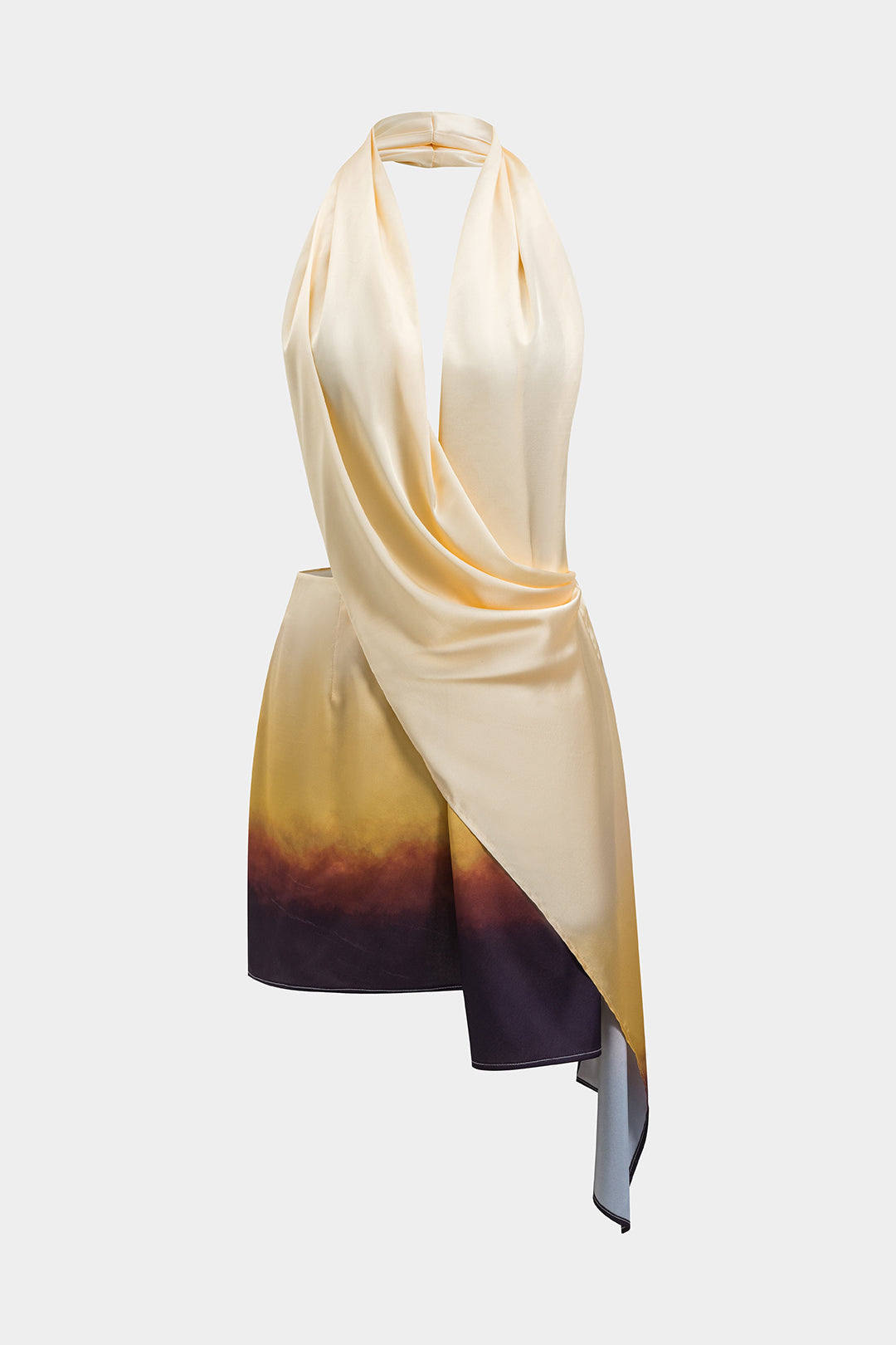 Aiertu  -  Ombre Print Satin Ruched Asymmetrical Backless Mini Dress Aiertu