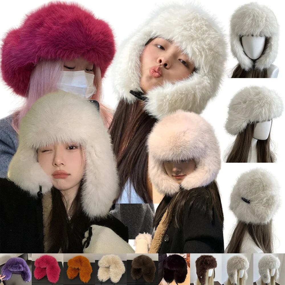 Aiertu  -  Thick Furry Faux Fur Hats For Women Men Winter Outdoor Keep Warm Earflap Ski Hat Girl Corner Buckle Windproof Russian Bomber Cap Aiertu